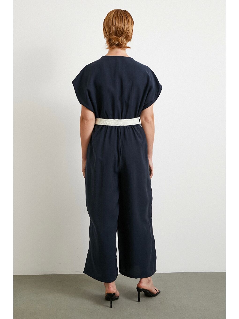 Kemer Detaylı Yarasa Kol Tulum Lacivert-4