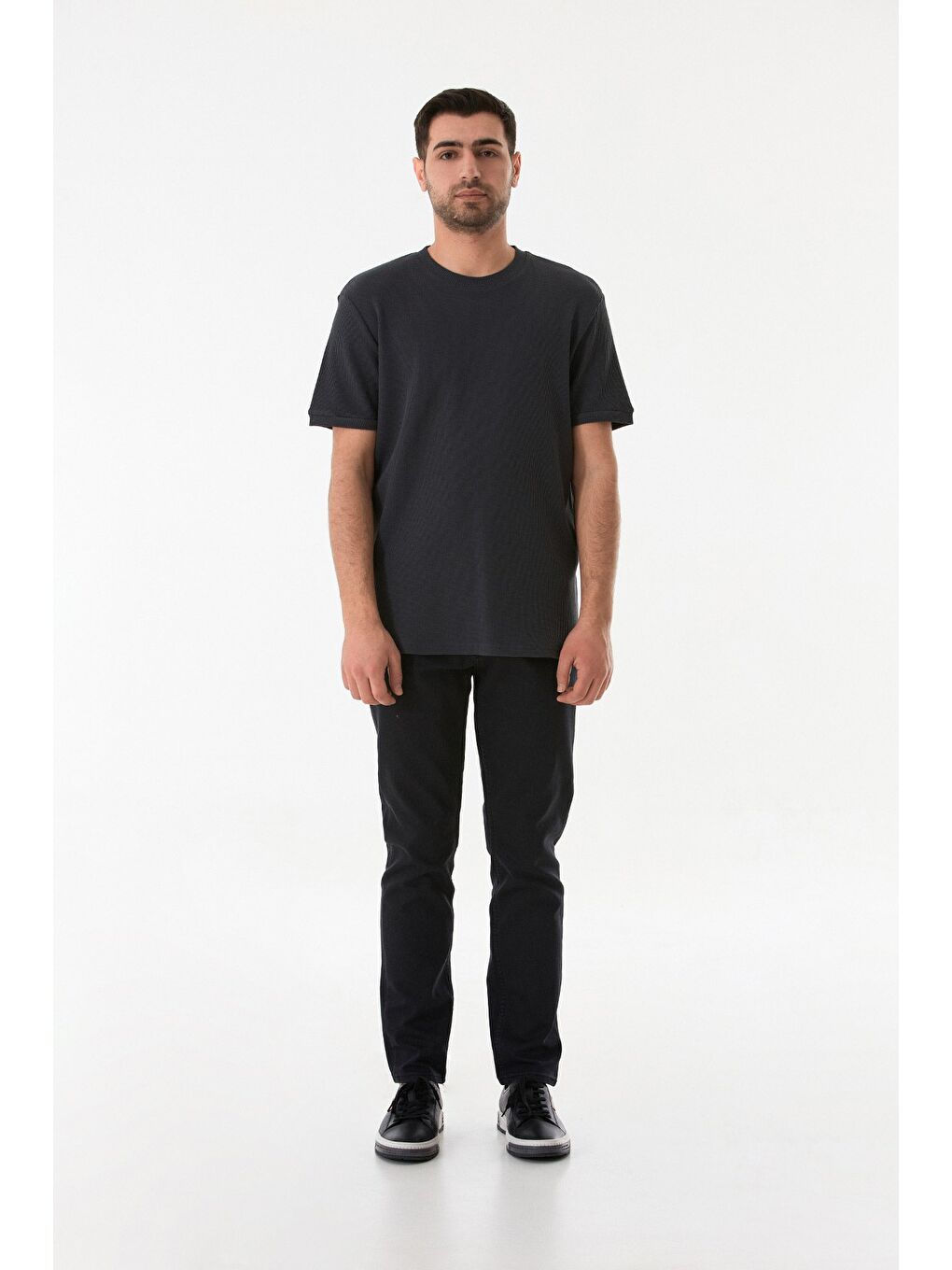 Gri Waffle Kumaş Bisiklet Yaka Tişört-1