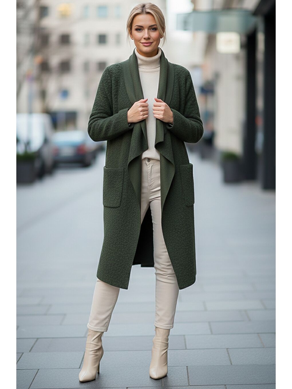 İtalyan Haki Şal Yaka Uzun Kol Cepli İnce Kırçıllı Casual Kaşe Oversize Dokuma Ceket 105 65-1