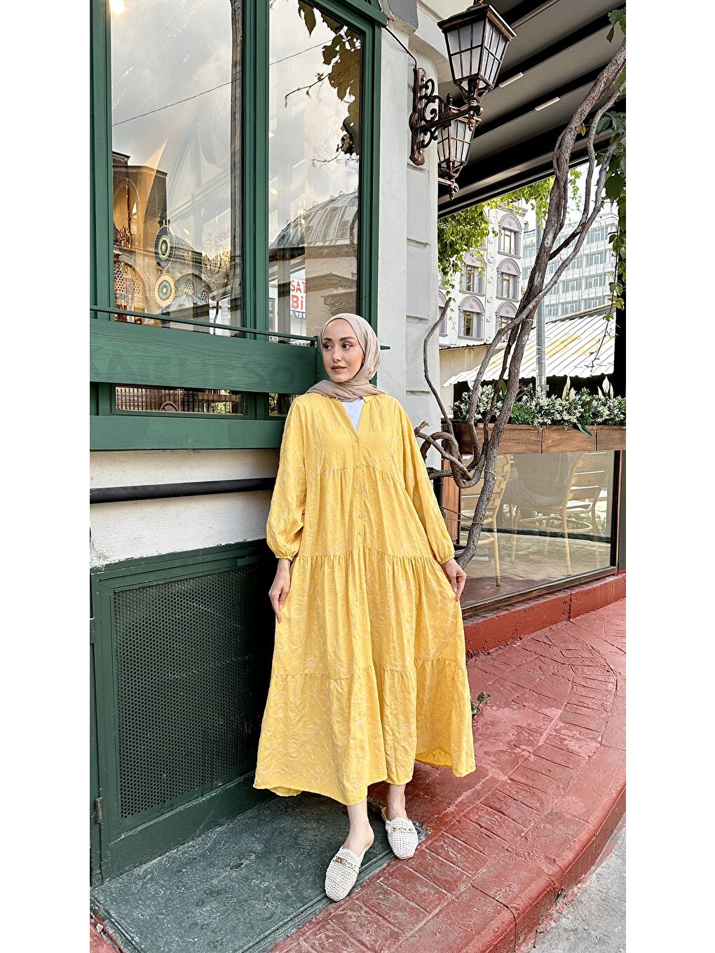 Kadın Gold Çicek Nakışlı Elbise Sarı-2