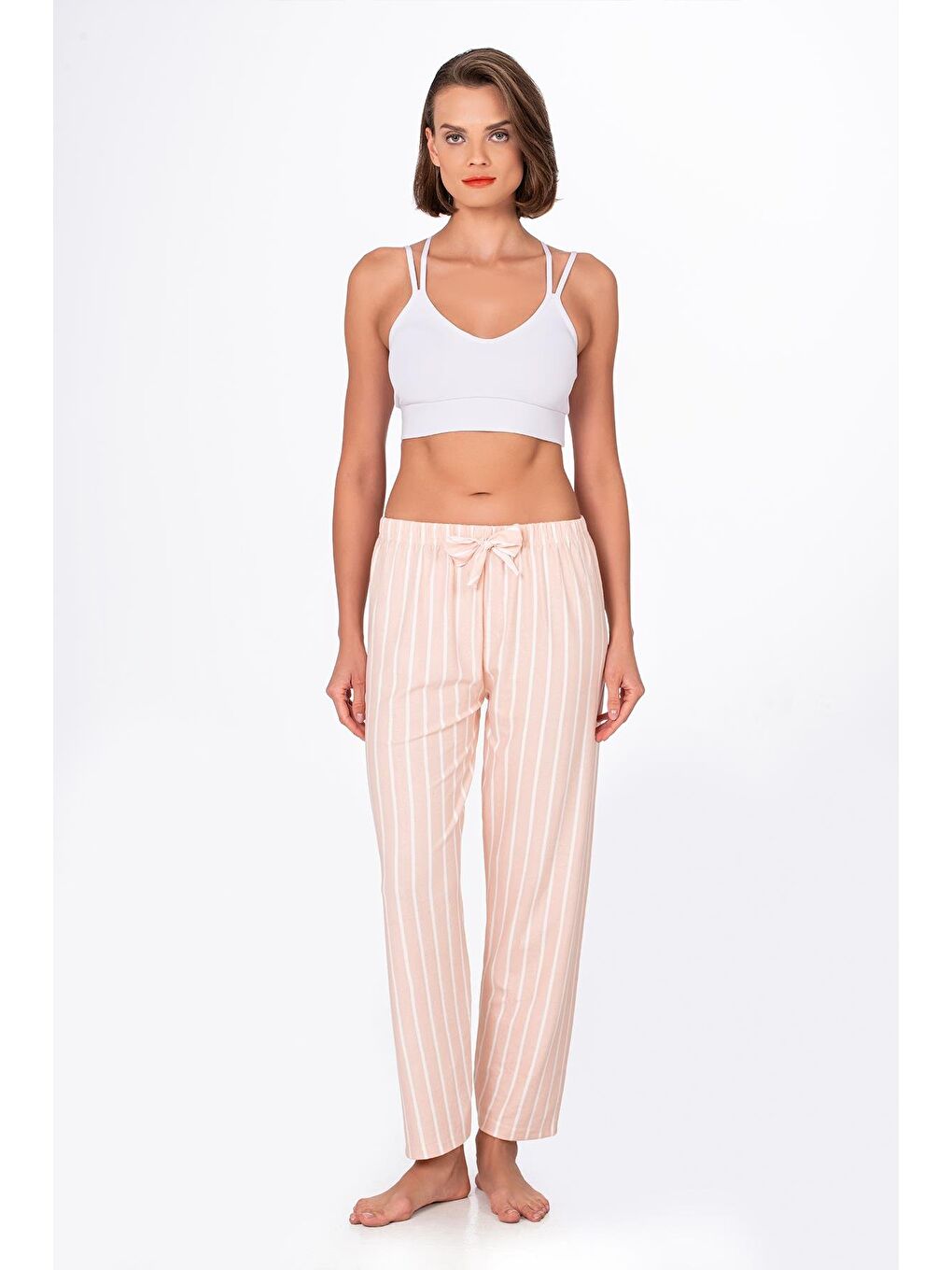 Pembe Kadın Süet Bej Çizgili Pijama Tek Alt