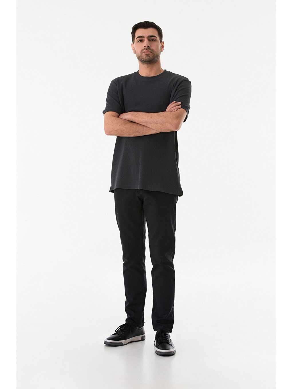 Gri Waffle Kumaş Bisiklet Yaka Tişört-3