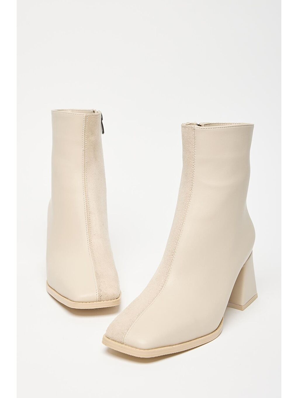 Kadın Bej Süet Bot & Bootie Küt Burun Topuklu Kontrast Pu Deri Fermuarlı