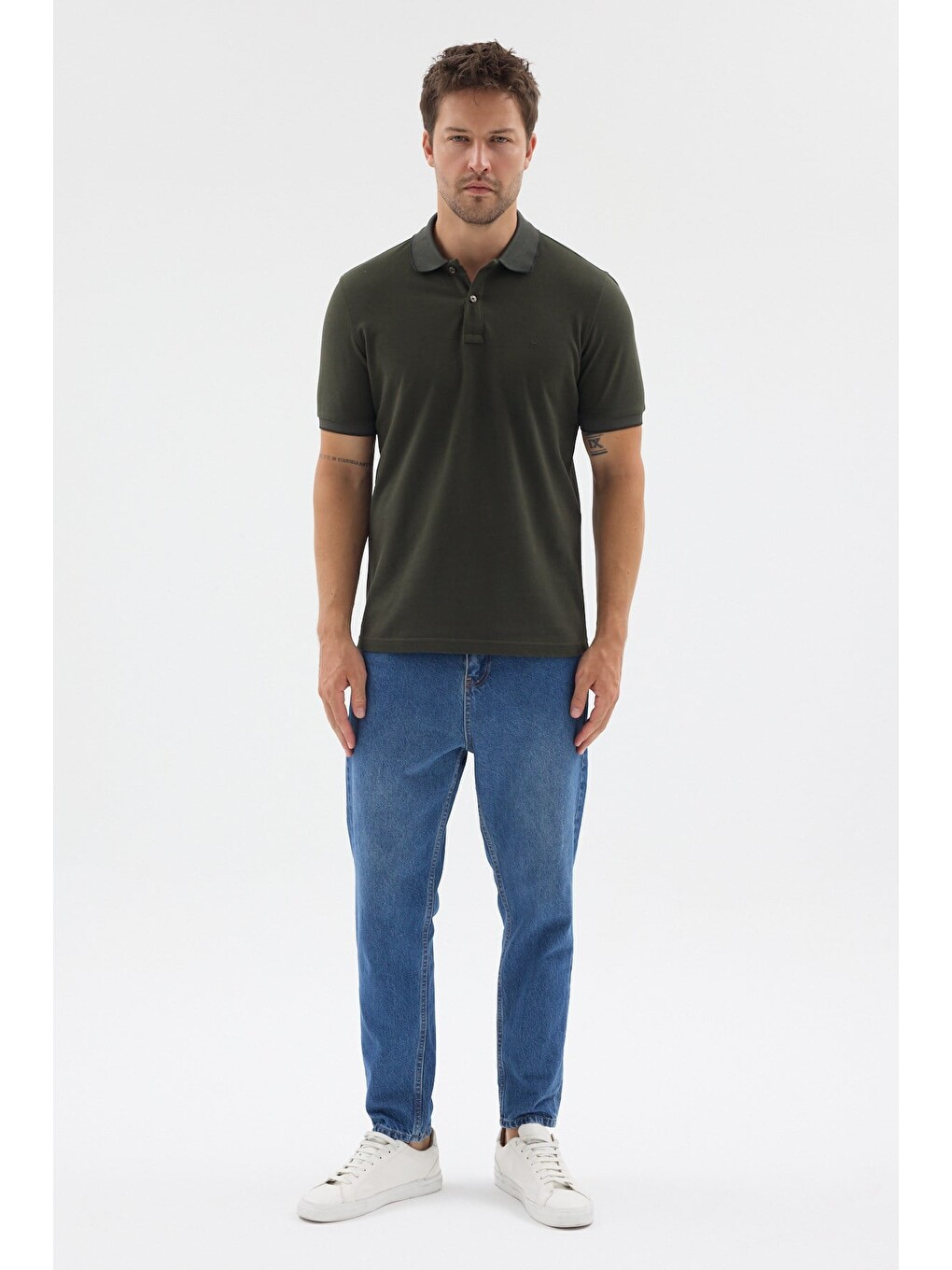 Haki Polo Yaka Pike Kısa Kol Slim Fit %100 Pamuk Tişört 1011260171-1