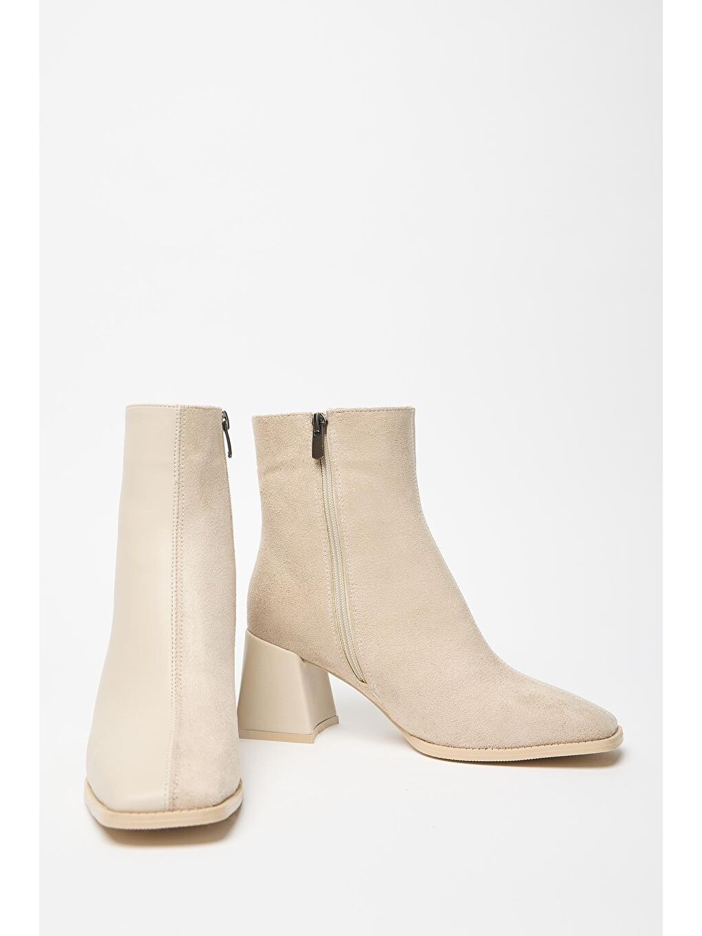 Kadın Bej Süet Bot & Bootie Küt Burun Topuklu Kontrast Pu Deri Fermuarlı-1