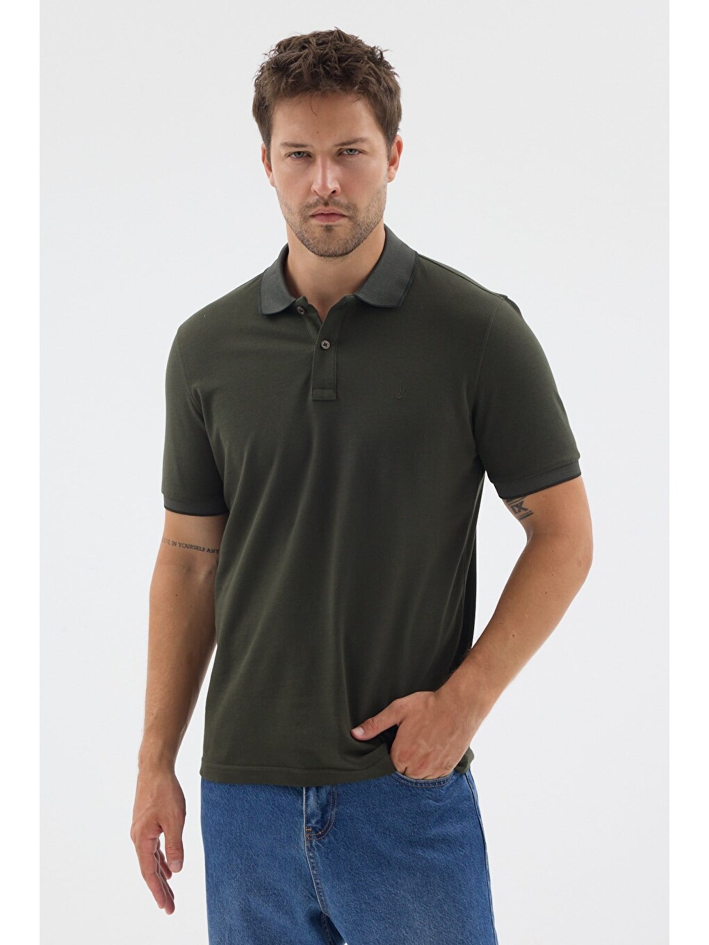 Haki Polo Yaka Pike Kısa Kol Slim Fit %100 Pamuk Tişört 1011260171-2