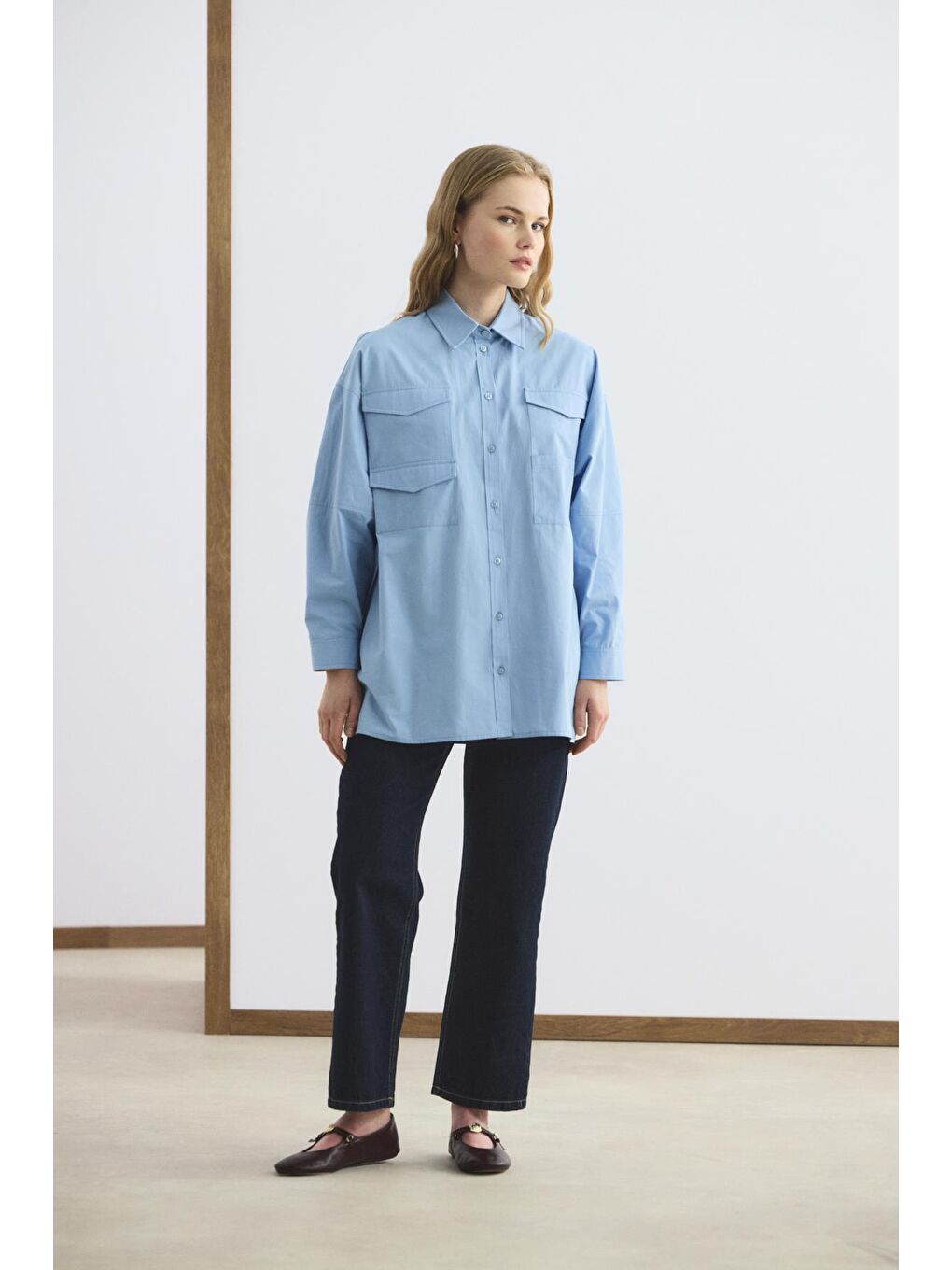 Cepli Biye Kemerli Oversize Gömlek Mavi-1