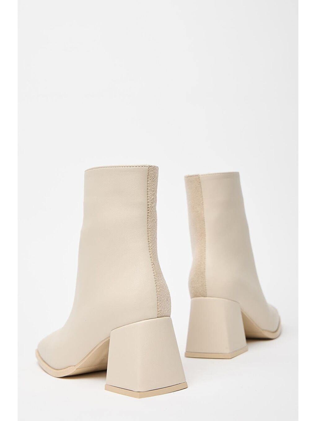 Kadın Bej Süet Bot & Bootie Küt Burun Topuklu Kontrast Pu Deri Fermuarlı-2