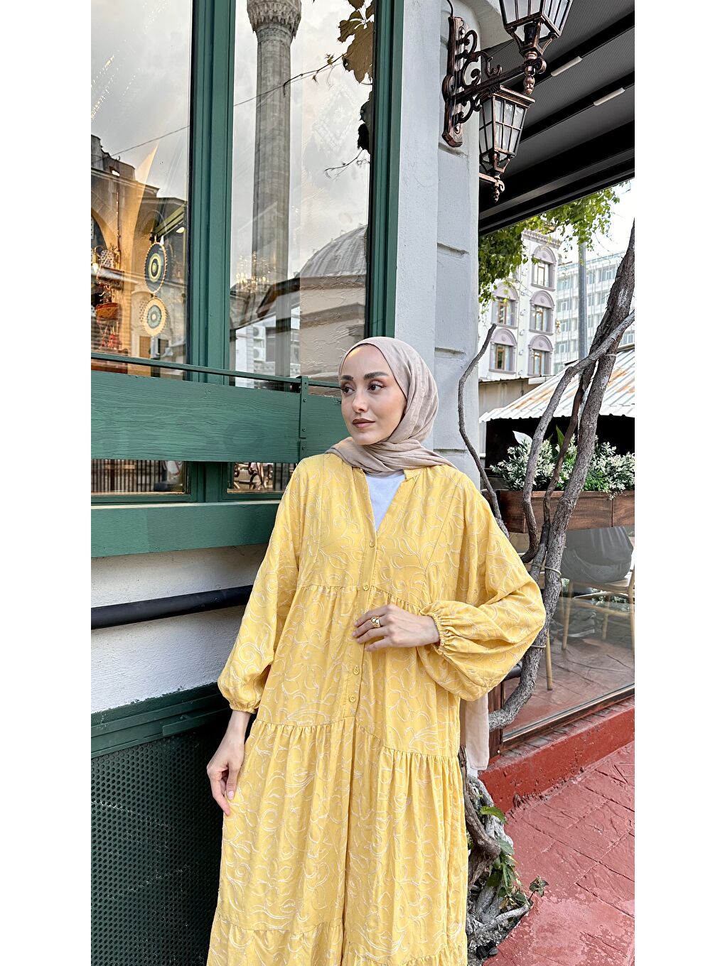 Kadın Gold Çicek Nakışlı Elbise Sarı-3