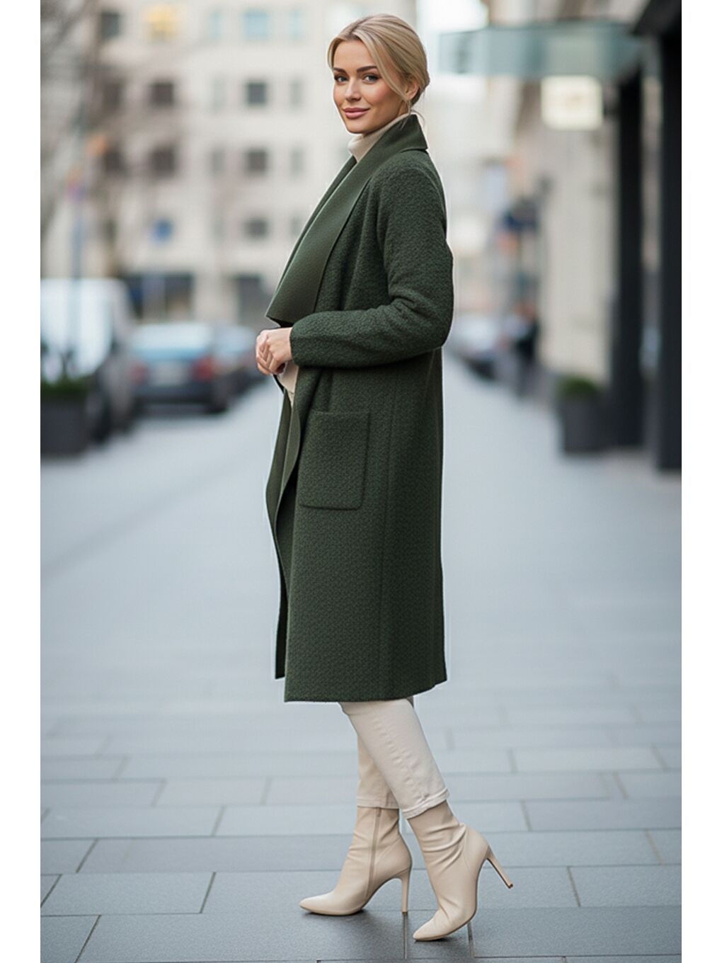 İtalyan Haki Şal Yaka Uzun Kol Cepli İnce Kırçıllı Casual Kaşe Oversize Dokuma Ceket 105 65-2