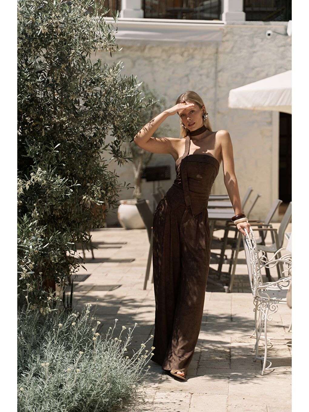 Kahverengi Bhioctoria Kahve Straplez Crop Pantolon Takım-4