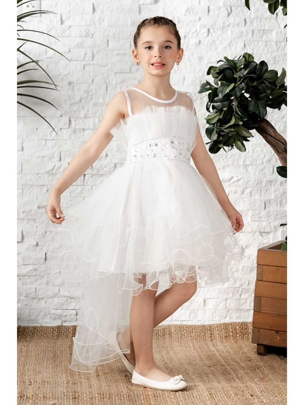 Beyaz Uzun Kuyruk Tütülü Askılı Kız Filira Elbise MNK0584