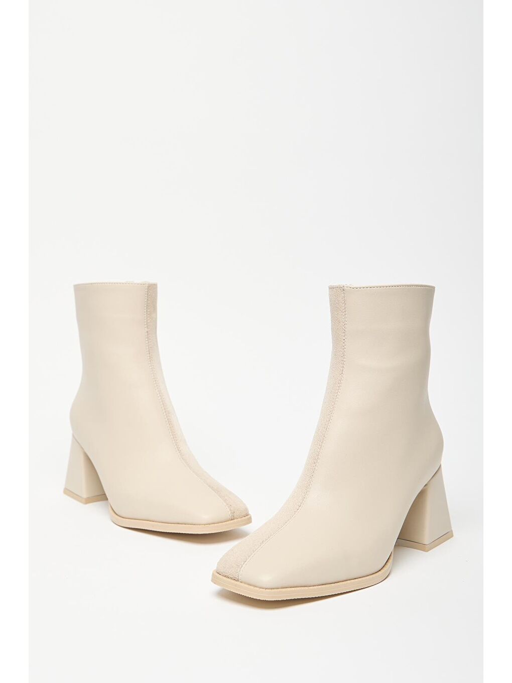 Kadın Bej Süet Bot & Bootie Küt Burun Topuklu Kontrast Pu Deri Fermuarlı-4