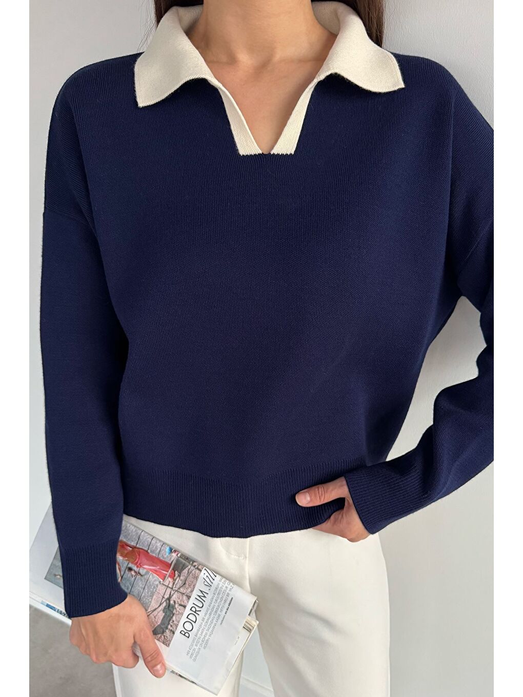 Lacivert Polo Yaka Salaş Triko Bluz (s,m,l,xl Uyumludur)