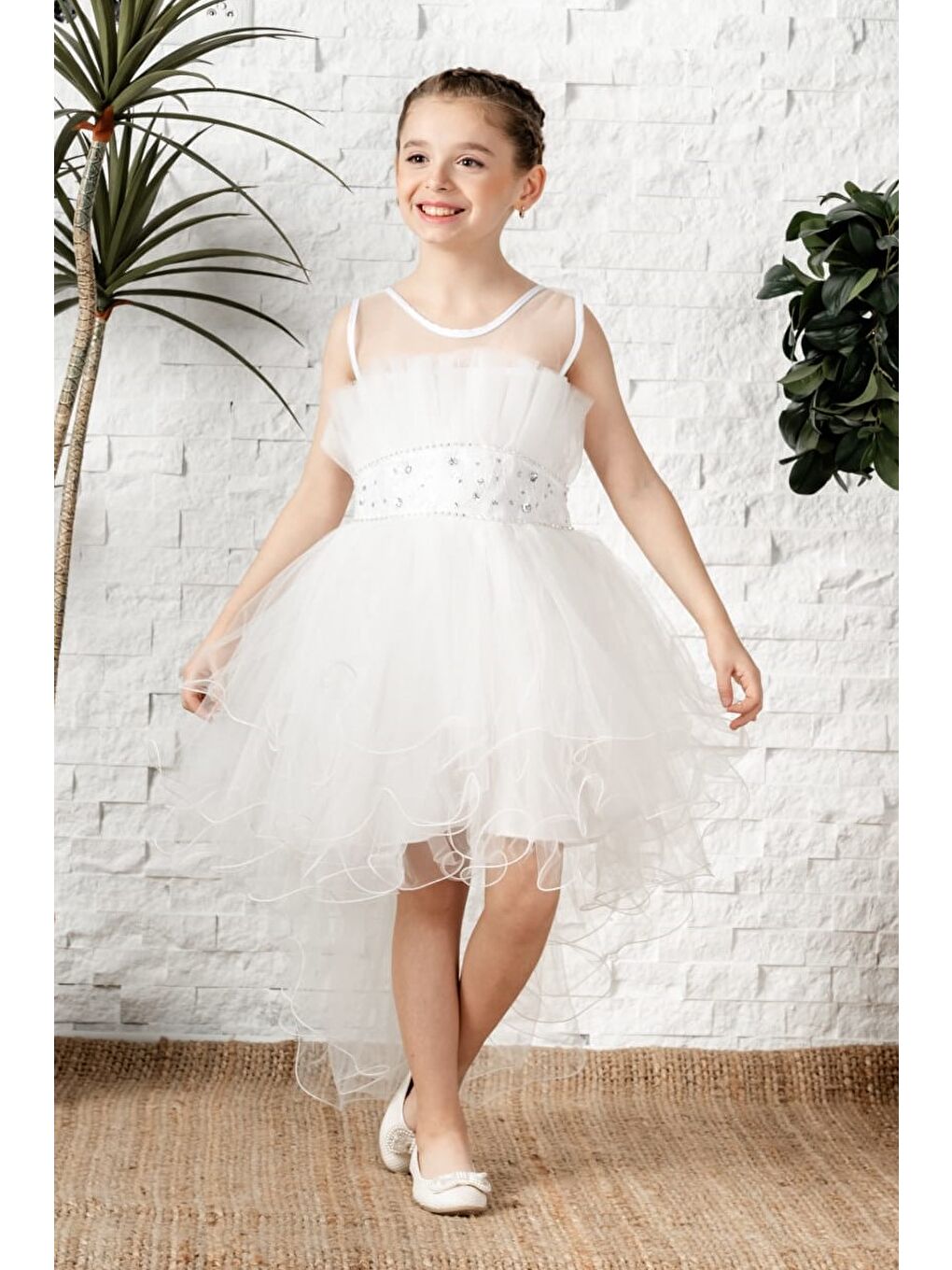 Beyaz Uzun Kuyruk Tütülü Askılı Kız Filira Elbise MNK0584-6