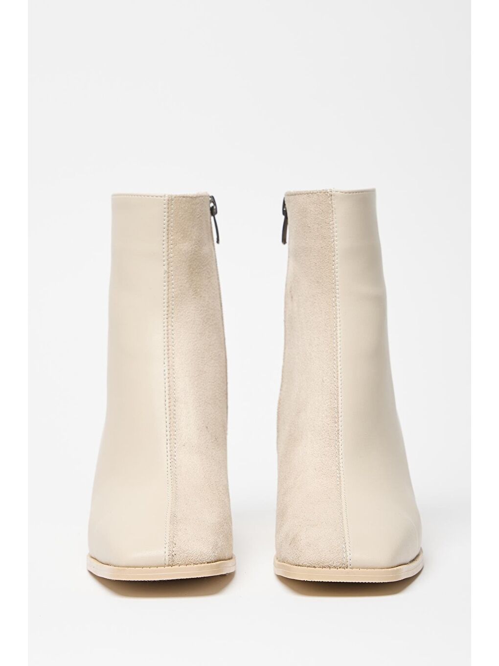 Kadın Bej Süet Bot & Bootie Küt Burun Topuklu Kontrast Pu Deri Fermuarlı-6