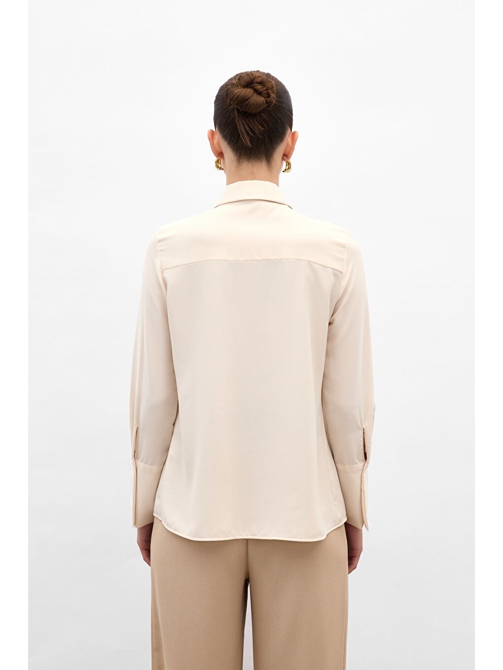 Fularlı Gömlek - Bej-6