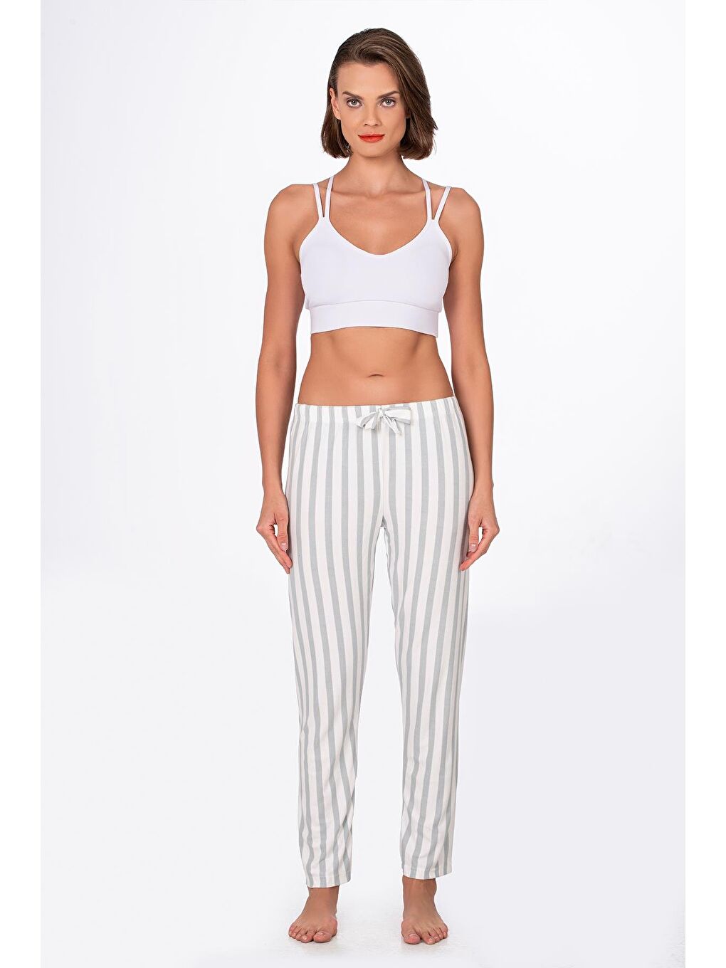 Gri Kadın Süet Çizgili Pijama Tek Alt