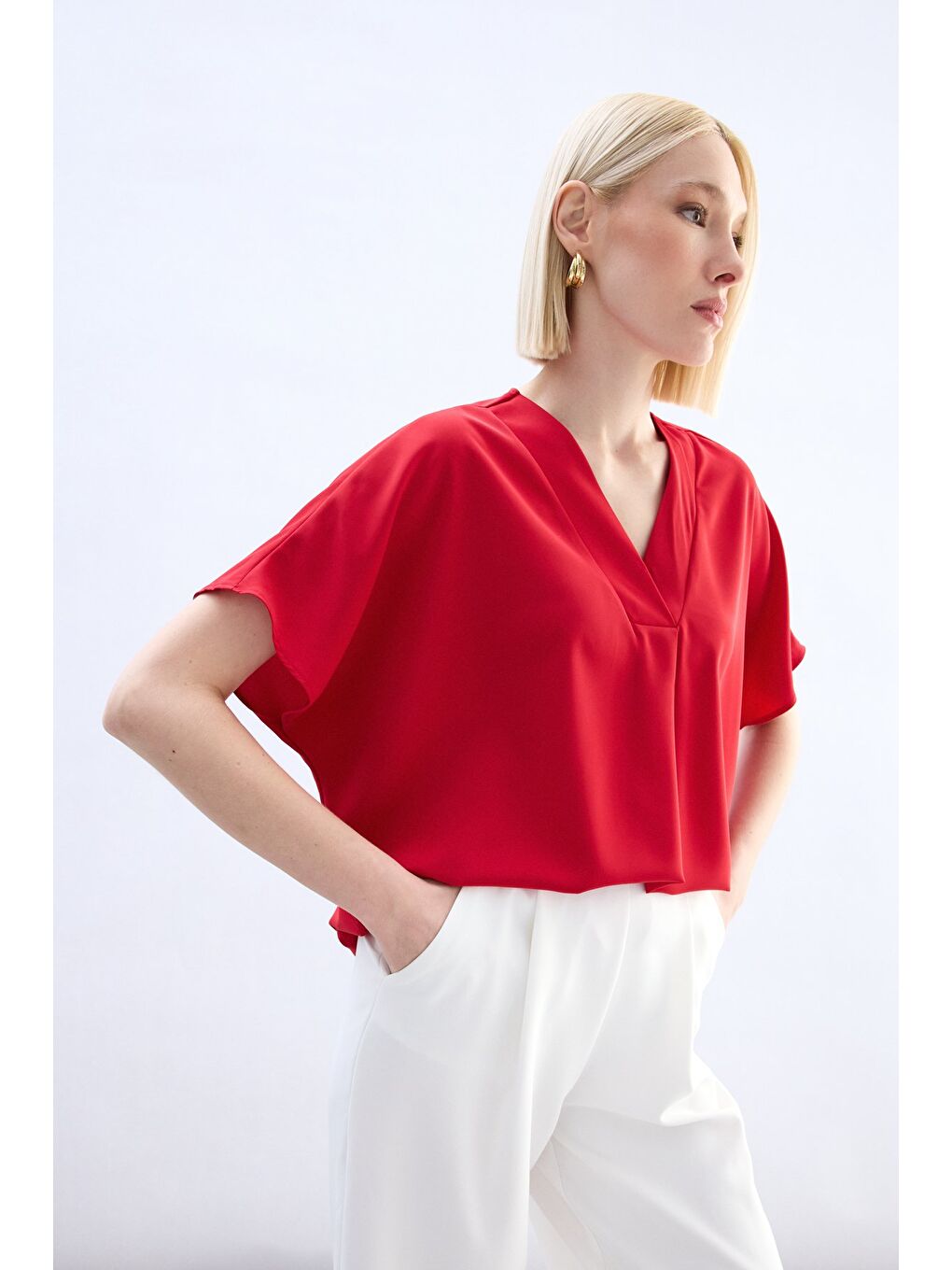 Geniş Kısa Kollu Bluz - Kırmızı-1