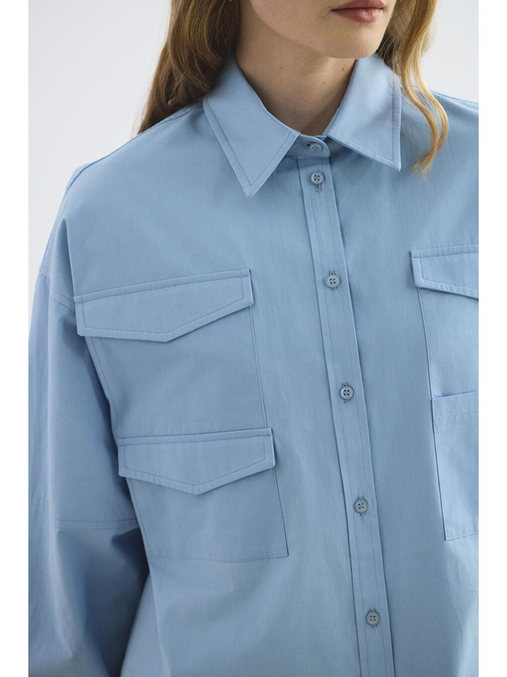 Cepli Biye Kemerli Oversize Gömlek Mavi-3