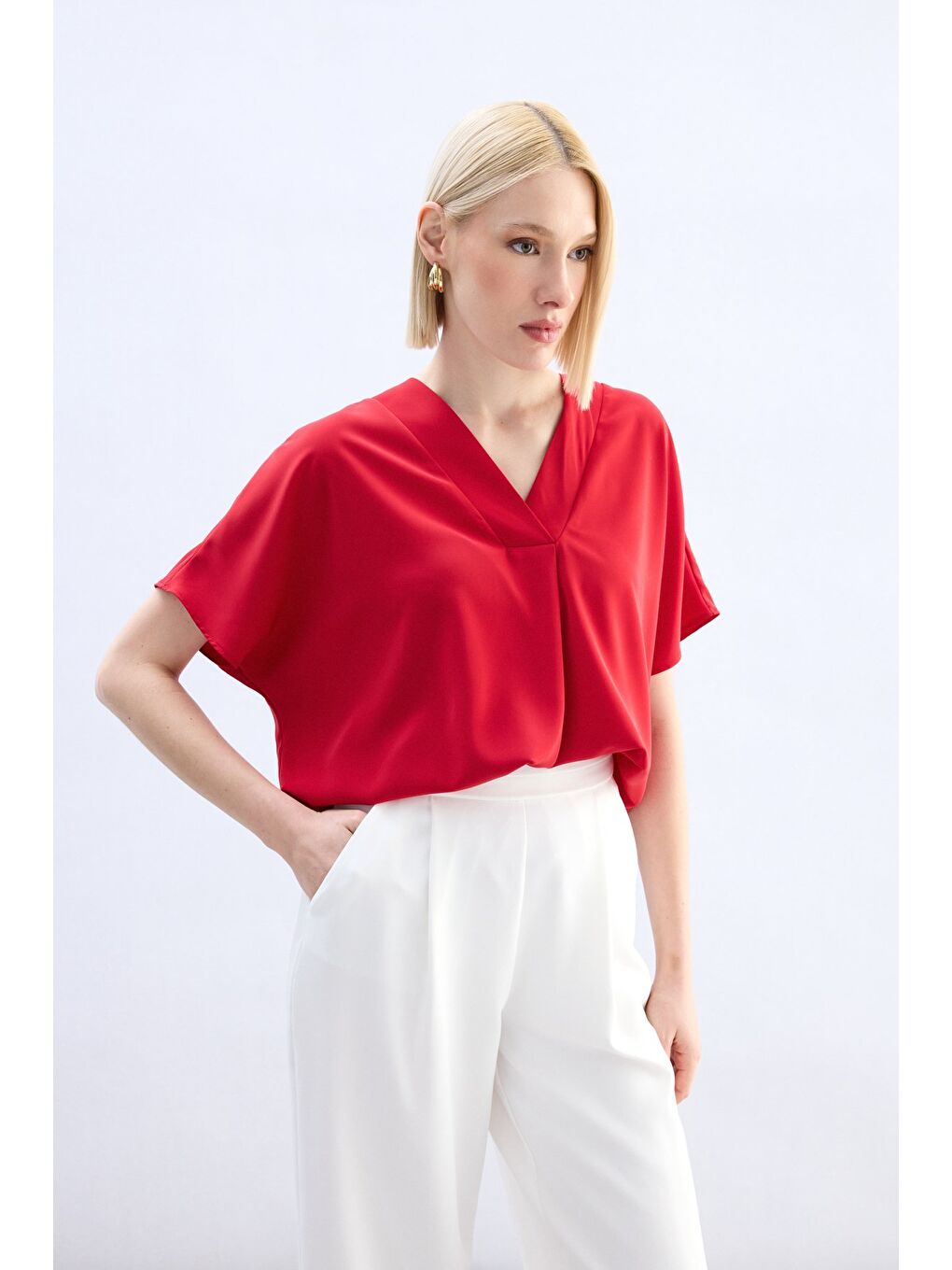 Geniş Kısa Kollu Bluz - Kırmızı-2