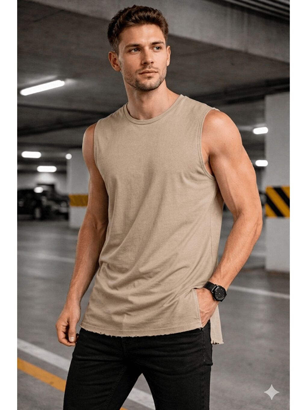 Bej Erkek Kolsuz Regular Fit Basic Atlet Yan Yırtmaçlı Pis Yaka Tişört