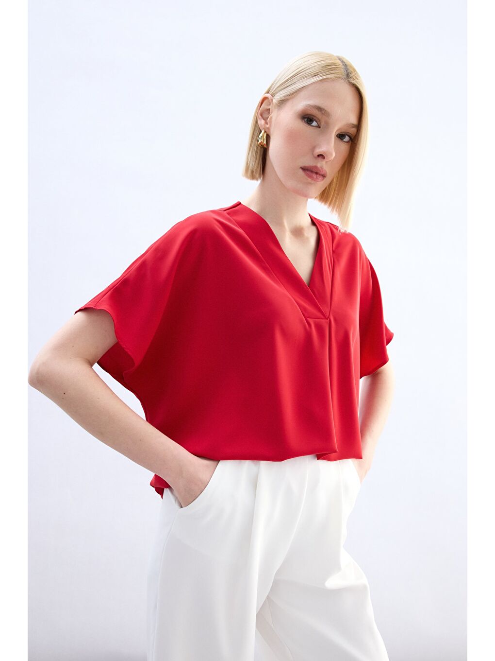 Geniş Kısa Kollu Bluz - Kırmızı-3