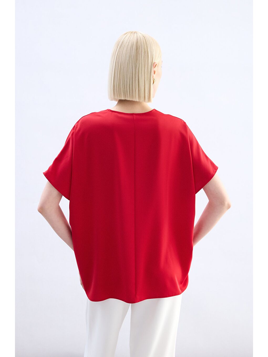 Geniş Kısa Kollu Bluz - Kırmızı-4