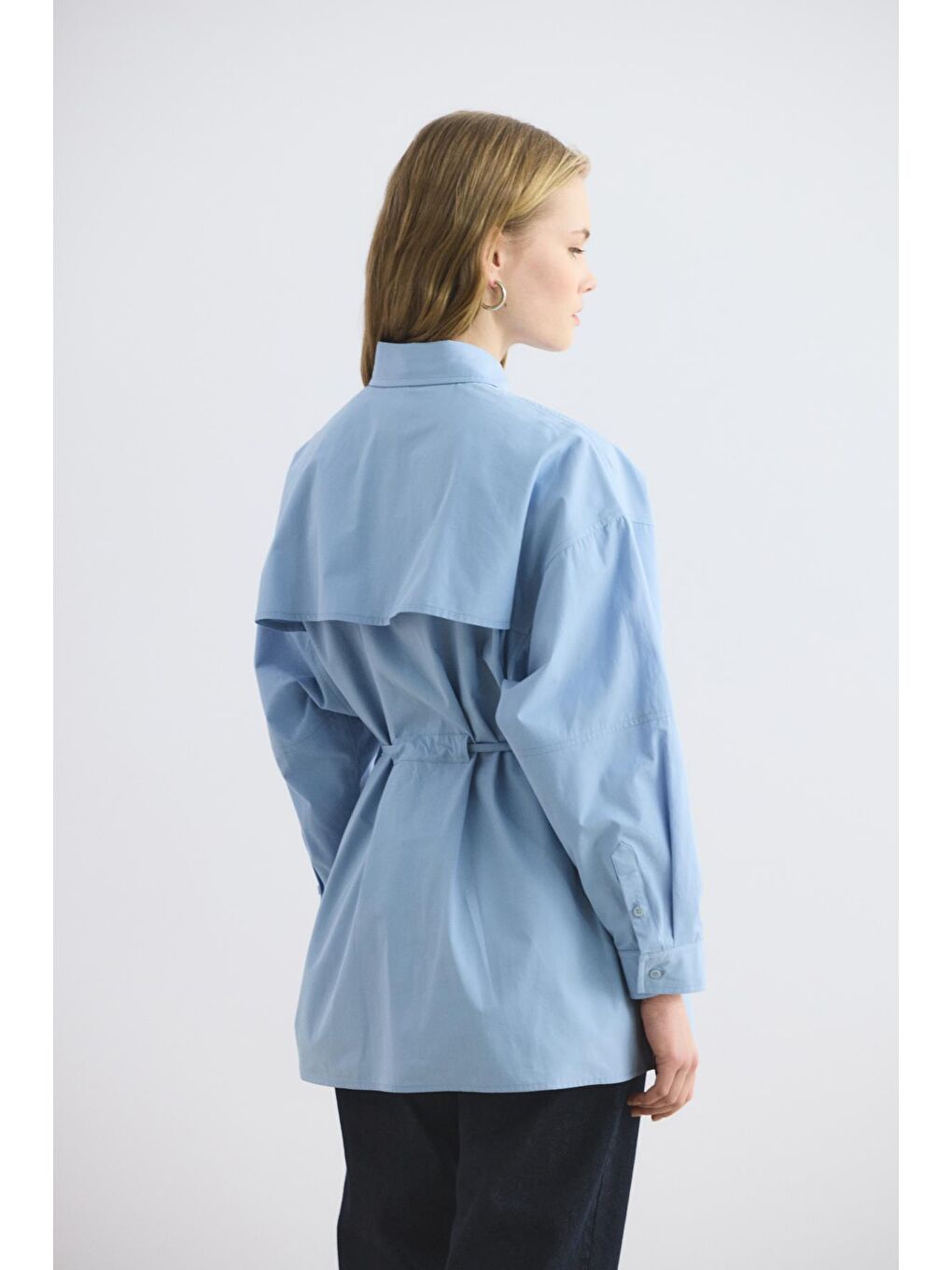 Cepli Biye Kemerli Oversize Gömlek Mavi-4