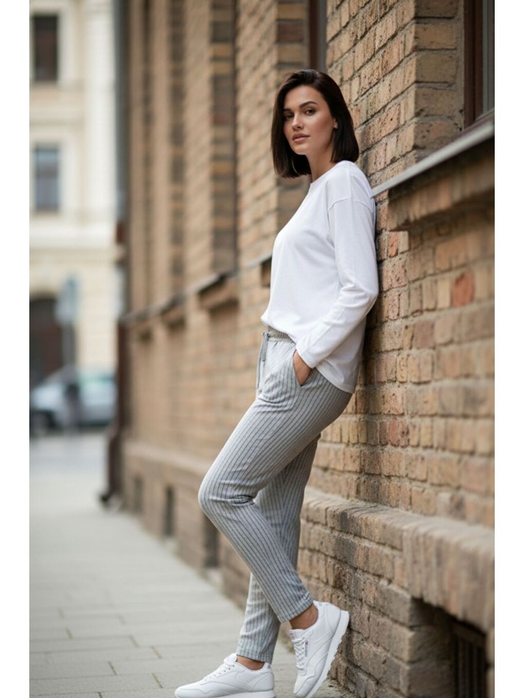 Gri Unisex Slim Fit Çizgili Jogger - Çizgili Jogger