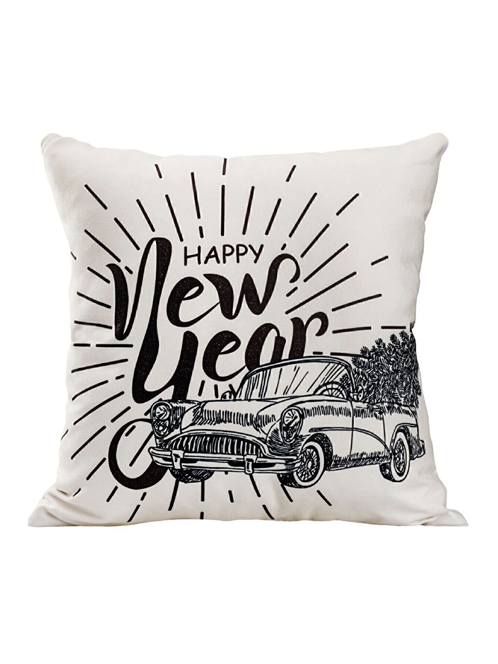 Siyah Yılbaşı Temalı "Happy new Year" Çam Ağacı Taşıyan Kamyon Baskılı Kırlent Kılıfı - Beyaz 43x43-1