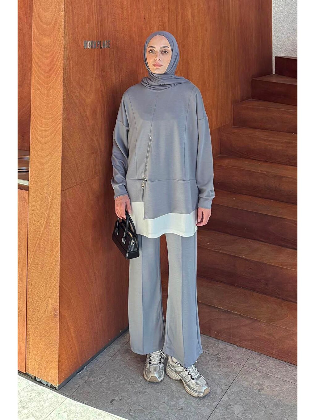 Fermuarlı Garnili Takım Gri