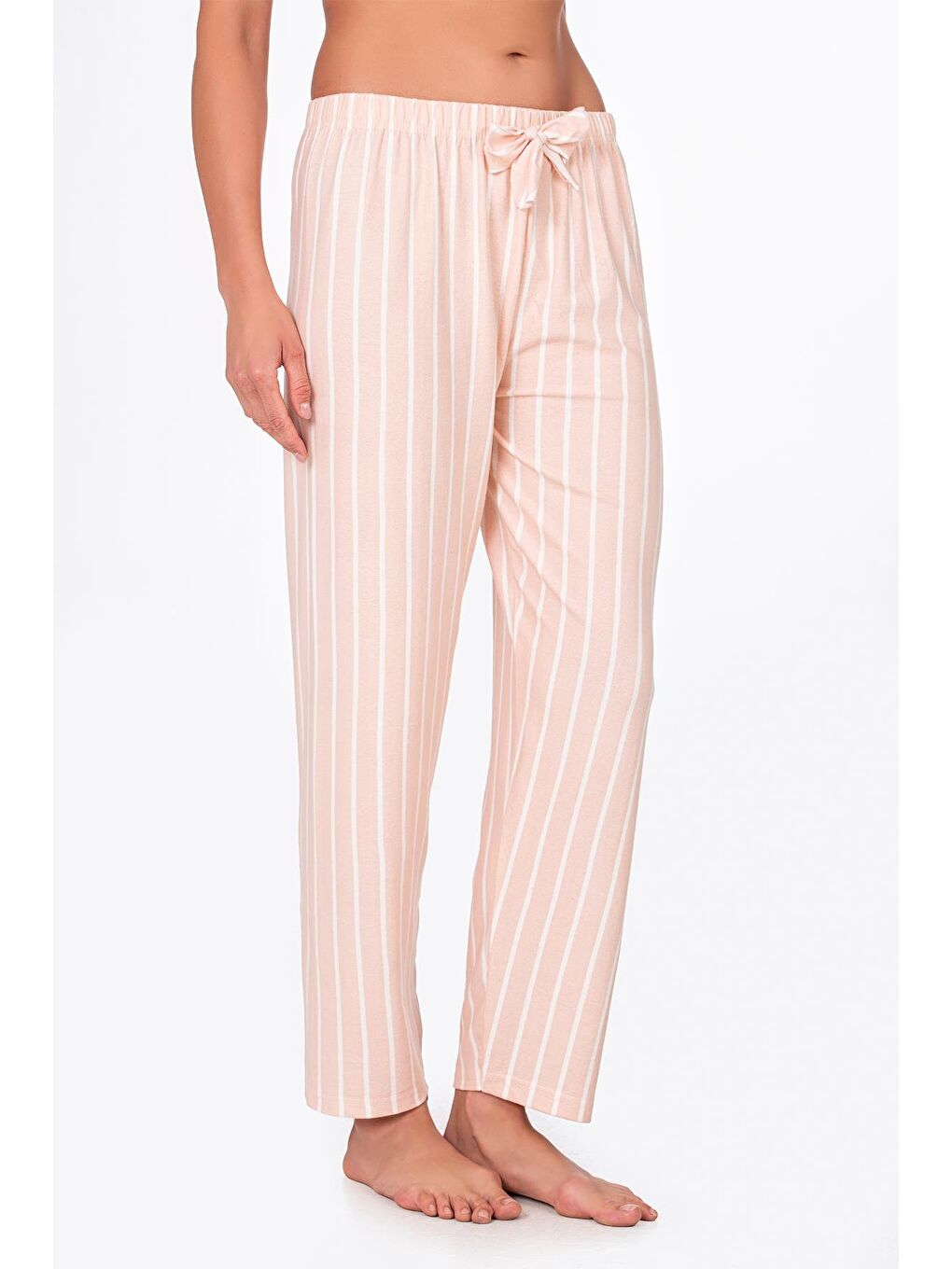 Pembe Kadın Süet Bej Çizgili Pijama Tek Alt-3