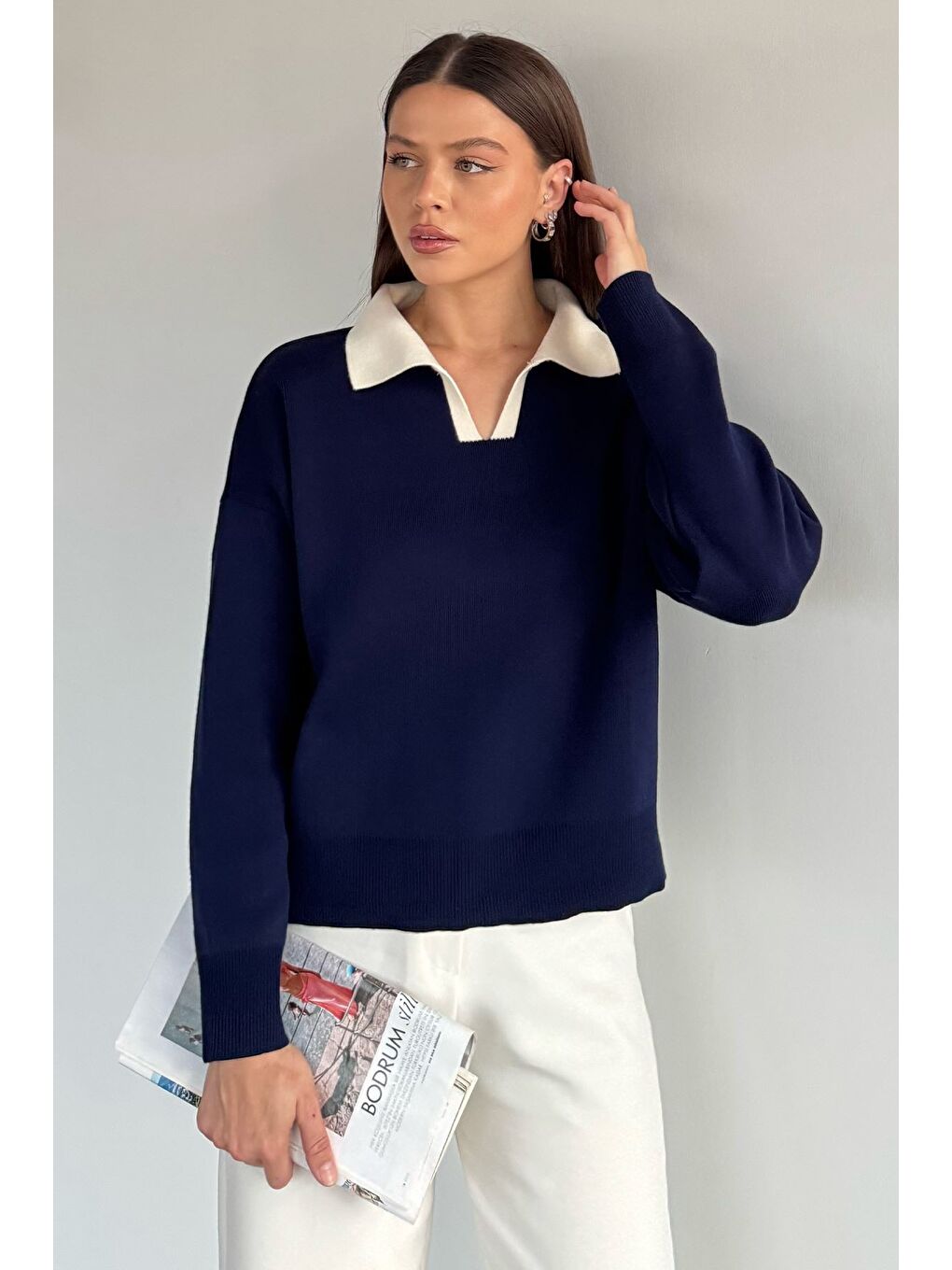 Lacivert Polo Yaka Salaş Triko Bluz (s,m,l,xl Uyumludur)-1