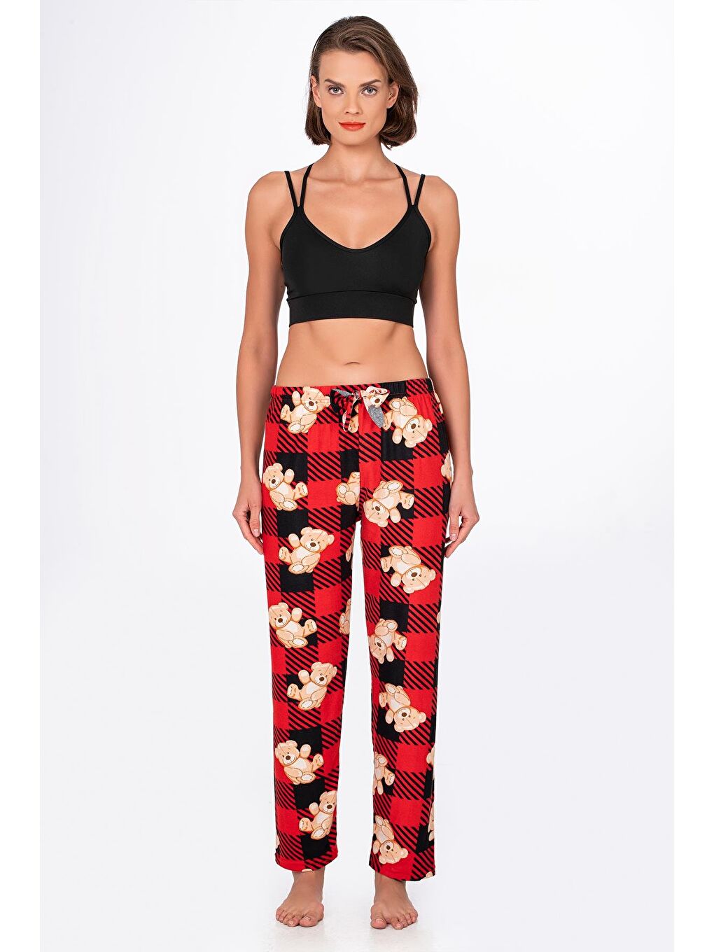 Kadın Süet Kırmızı Kareli Ayıcık Desenli Pijama Tek Alt