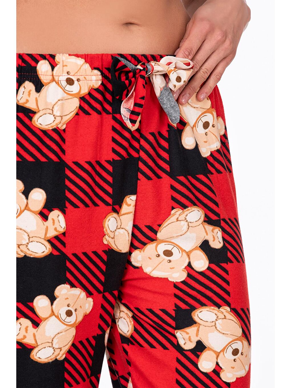 Kadın Süet Kırmızı Kareli Ayıcık Desenli Pijama Tek Alt-1