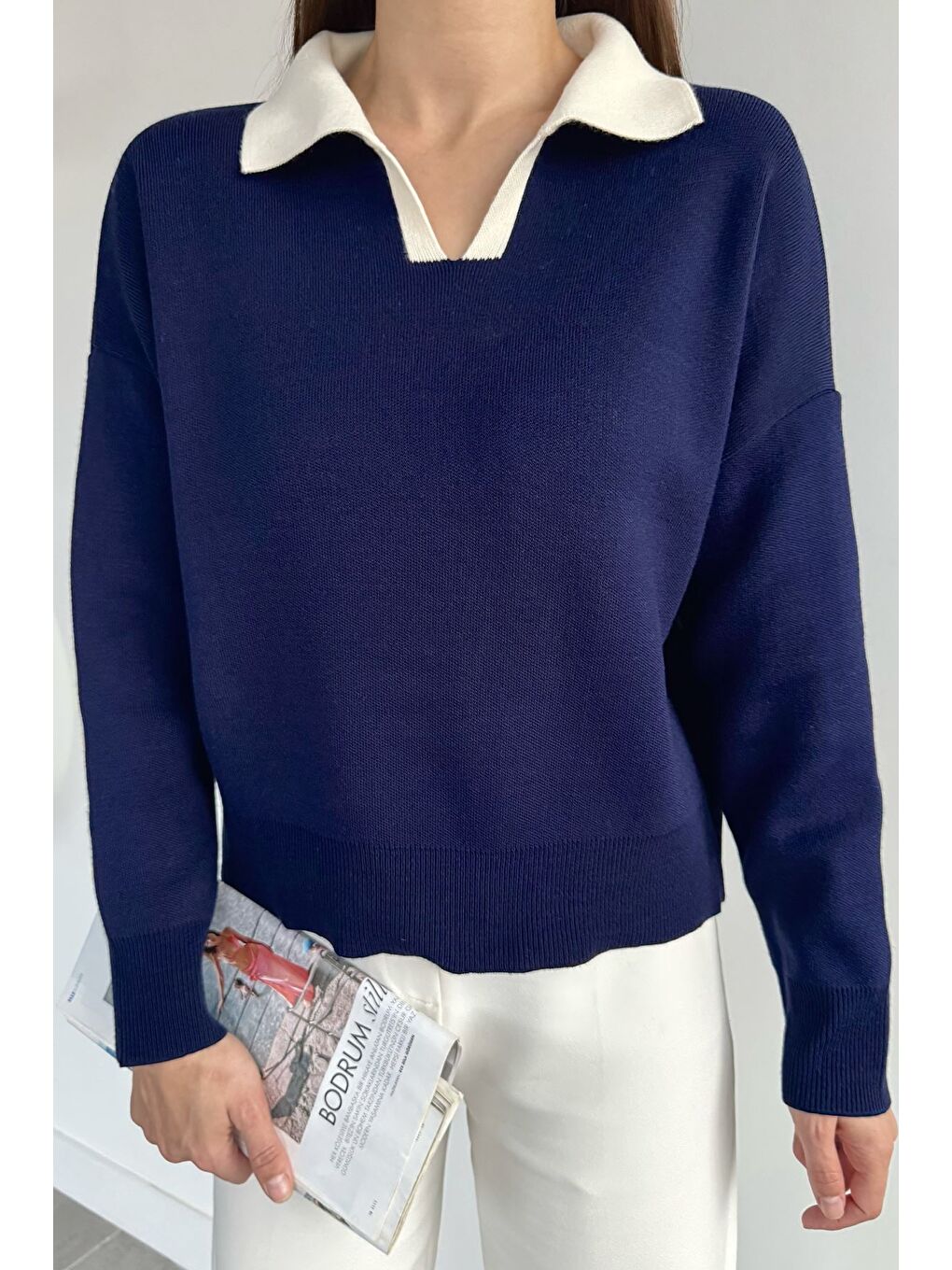 Lacivert Polo Yaka Salaş Triko Bluz (s,m,l,xl Uyumludur)-2