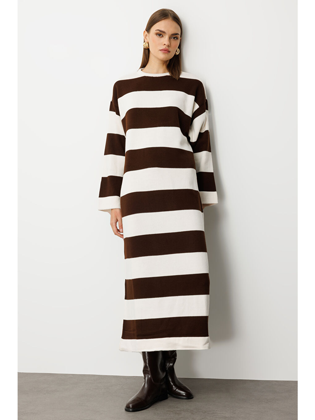 Oversize Ekru Kahverengi Çizgili Uzun Kalın Triko El-2
