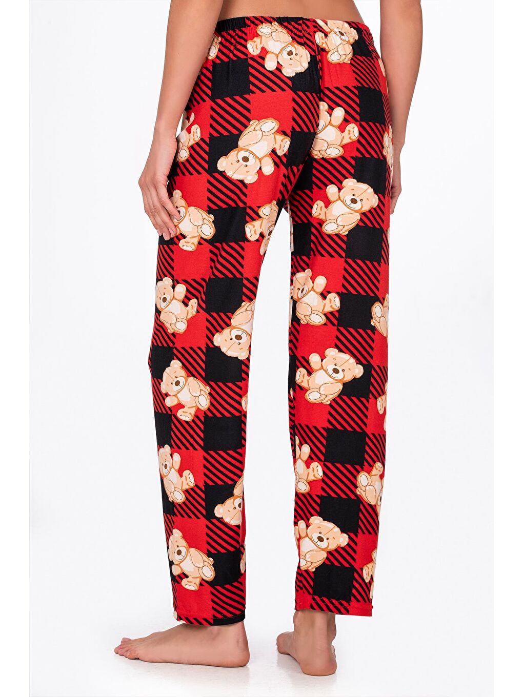 Kadın Süet Kırmızı Kareli Ayıcık Desenli Pijama Tek Alt-2