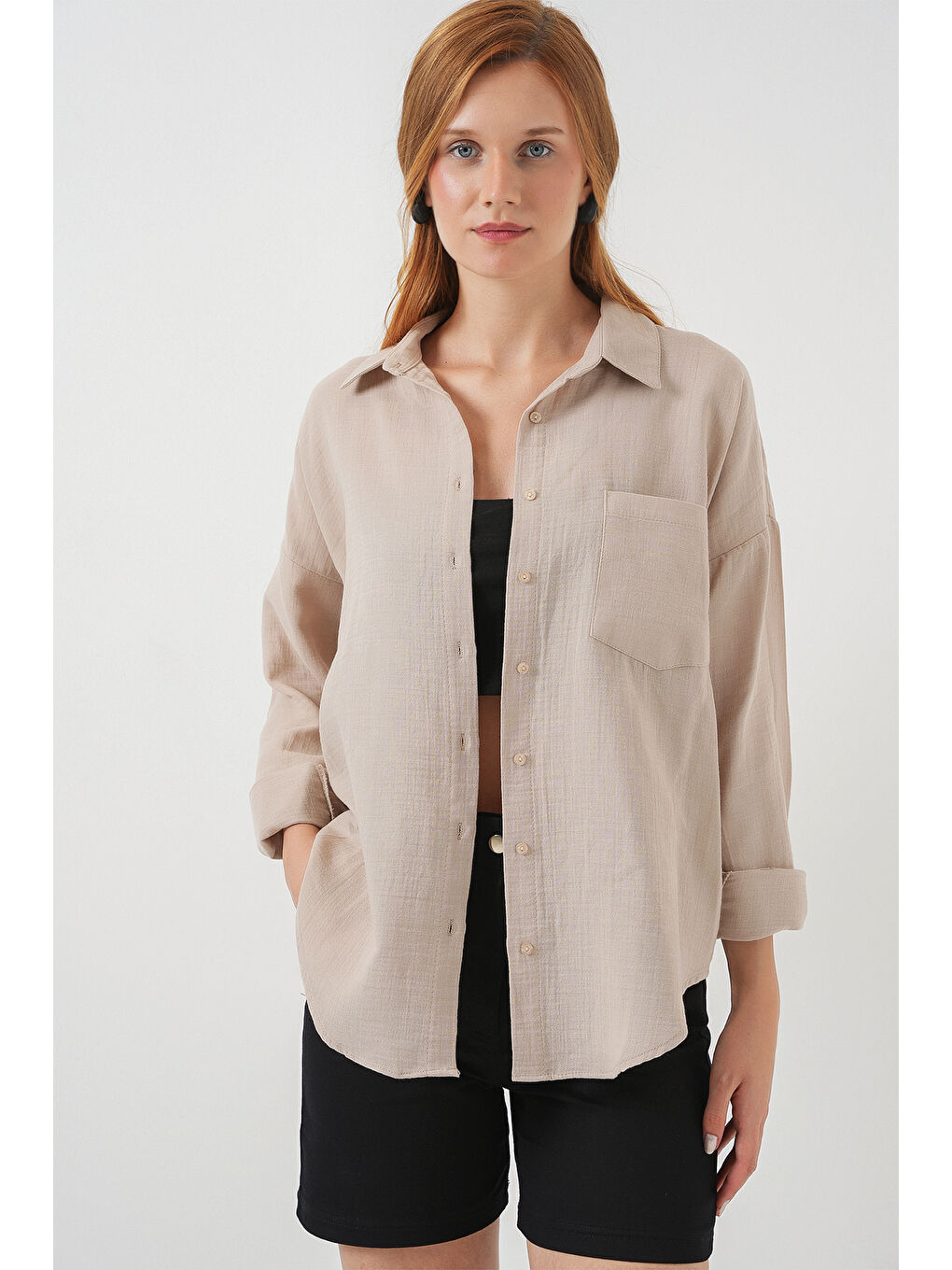 Kadın Tek Cepli Oversize Müslin Gömlek 20353 - Bej