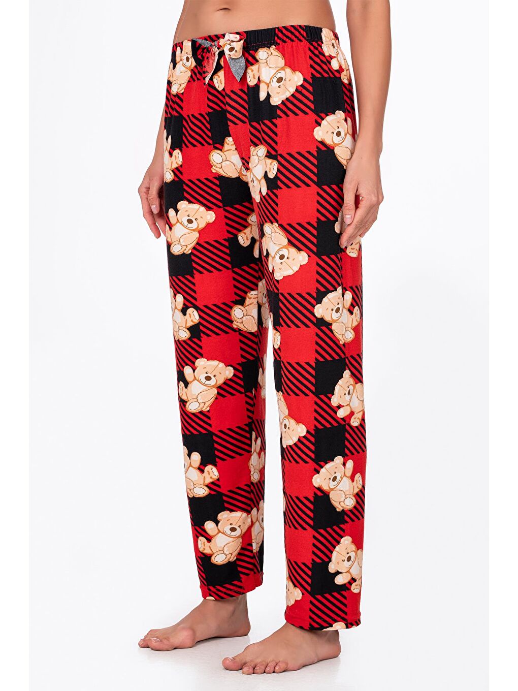Kadın Süet Kırmızı Kareli Ayıcık Desenli Pijama Tek Alt-3