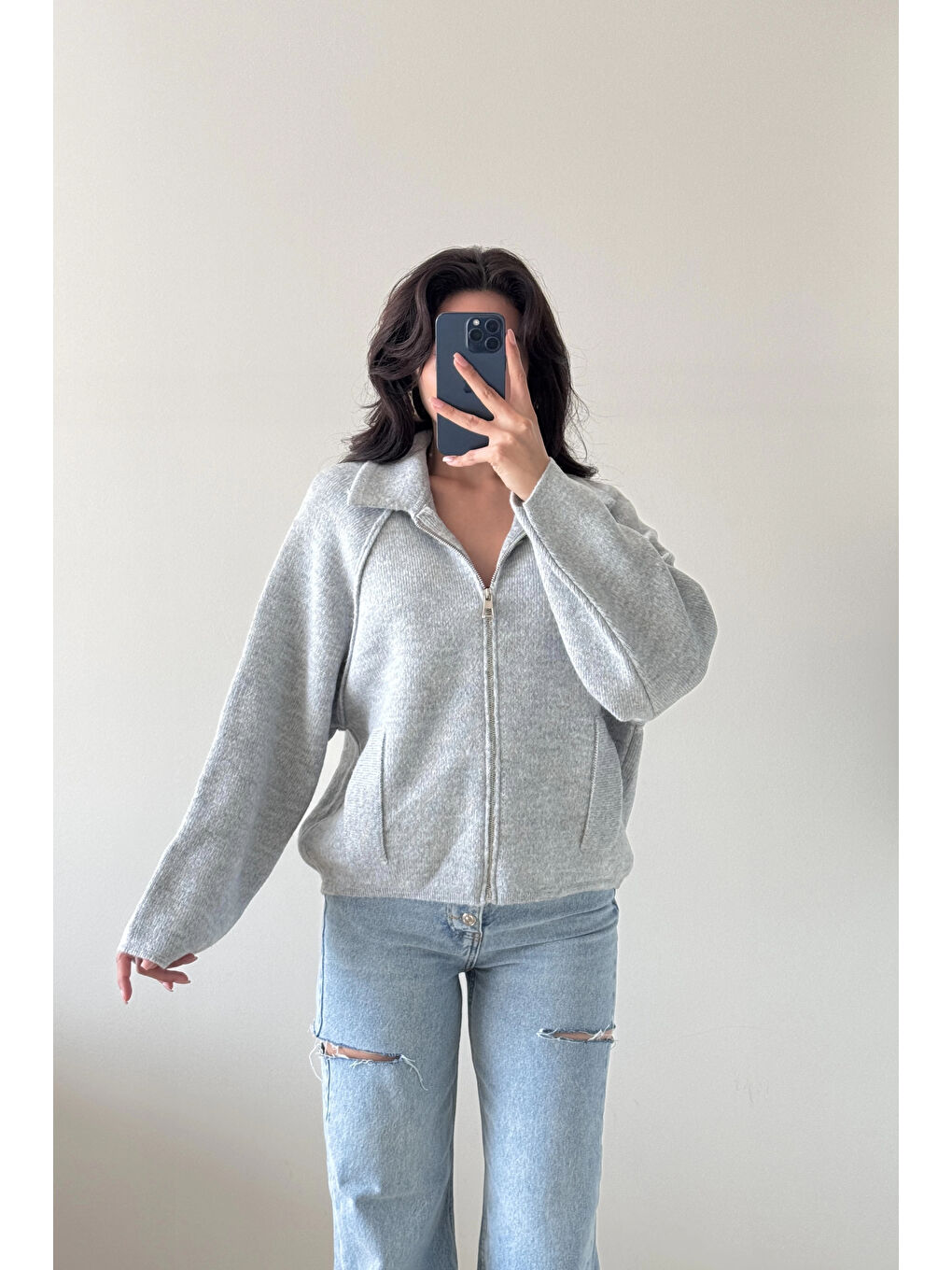 Kadın Gri Fermuarlı Oversize Hırka 1014-2381-4