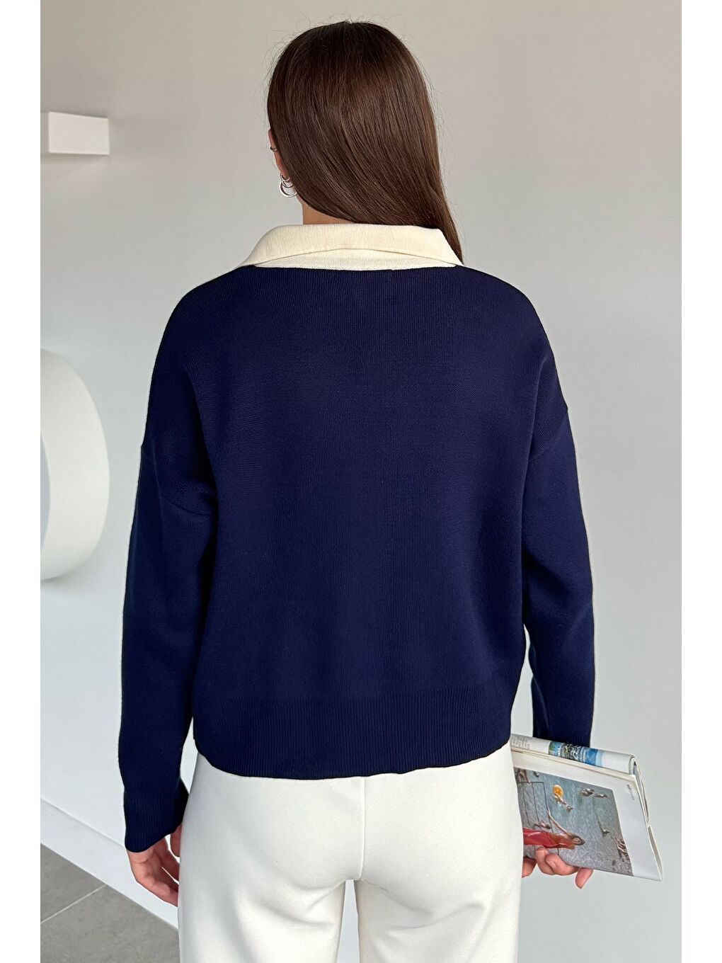 Lacivert Polo Yaka Salaş Triko Bluz (s,m,l,xl Uyumludur)-3