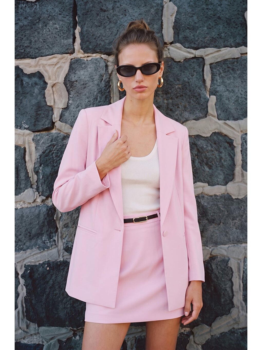 Keten Görünümlü Ceket - Pembe