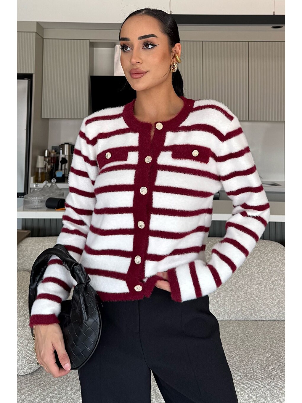 Bordo Kadın Çizgi Desenli Gold Düğmeli Yumoş Triko Ceket (s-m-l-xl Beden Uyumludur.)