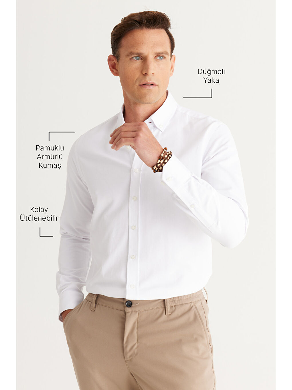 Erkek Beyaz Slim Fit Dar Kesim Oxford Düğmeli Yaka Armürlü Pamuklu Gömlek-2