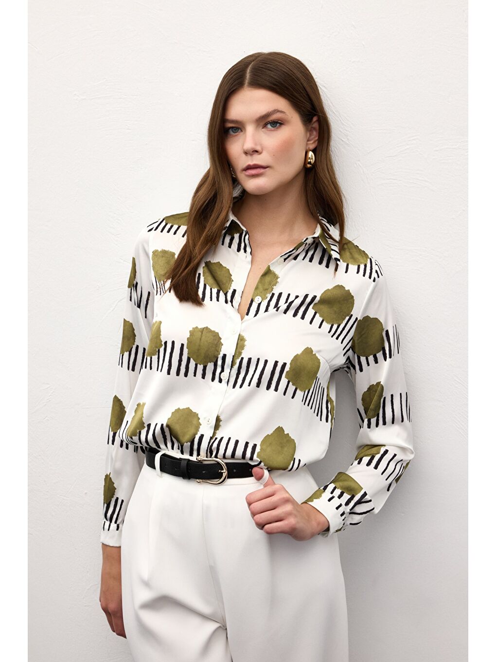 Desenli Klasik Gömlek - Haki