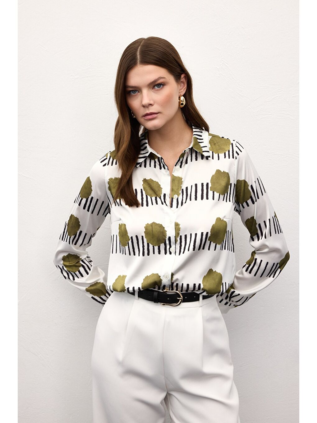 Desenli Klasik Gömlek - Haki-1