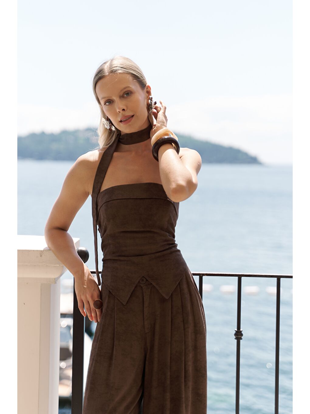 Kahverengi Bhioctoria Kahve Straplez Crop Pantolon Takım-5