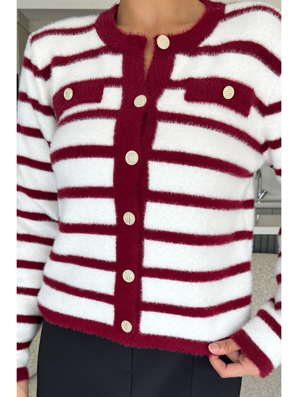Bordo Kadın Çizgi Desenli Gold Düğmeli Yumoş Triko Ceket (s-m-l-xl Beden Uyumludur.)-3